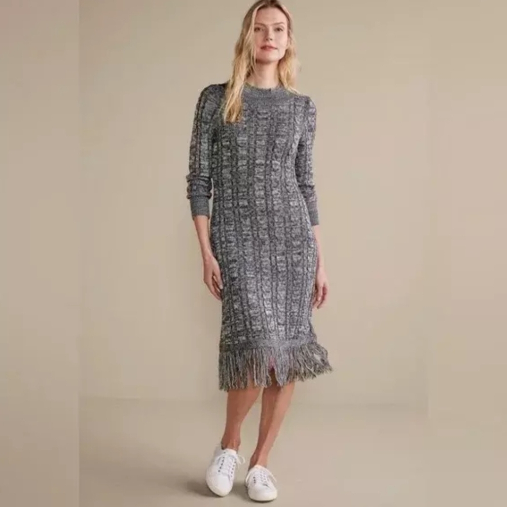 Soft Surroundings Petite Small Neve Gray Cable Knit Fringe Sweater Dress